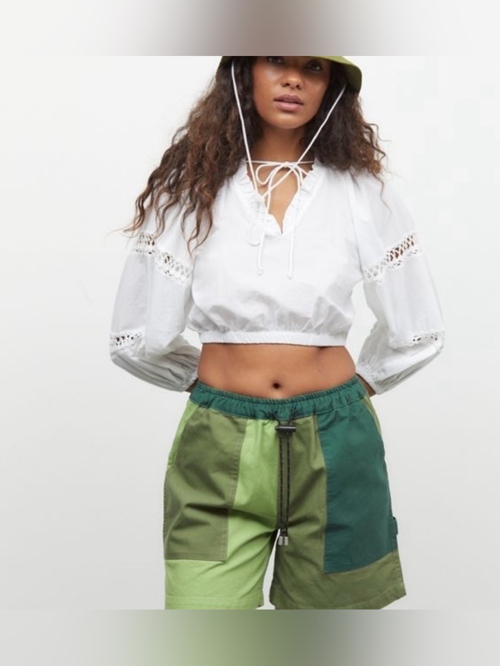 KKCO Outside Patchwork Green Cotton Drawstring Shorts Size S Made in Los Angeles